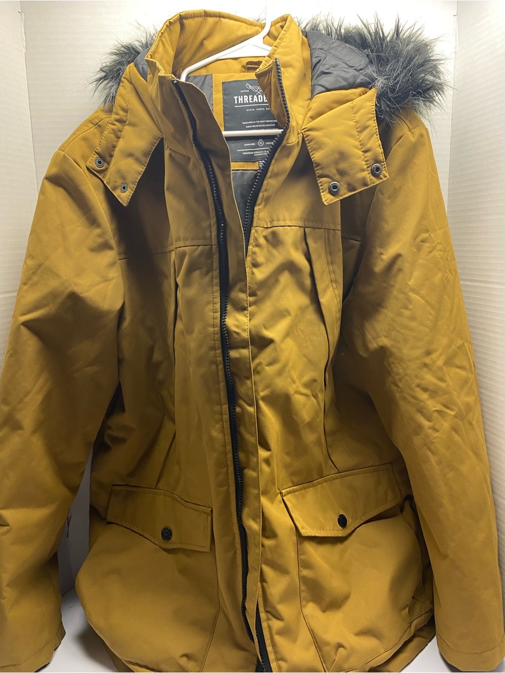 Threadbare Men's Mustard Hooded Ski Jacket with Faux-Fur Trim
